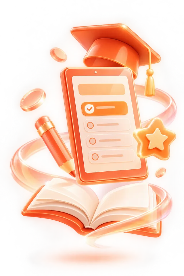 Планшет с интерактивным уроком, книга и шапочка выпускника